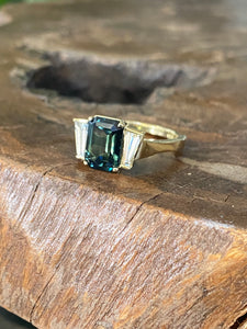 Peacock Sapphire with Tapered Baguette Diamonds