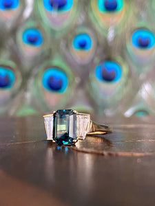 Peacock Sapphire with Tapered Baguette Diamonds